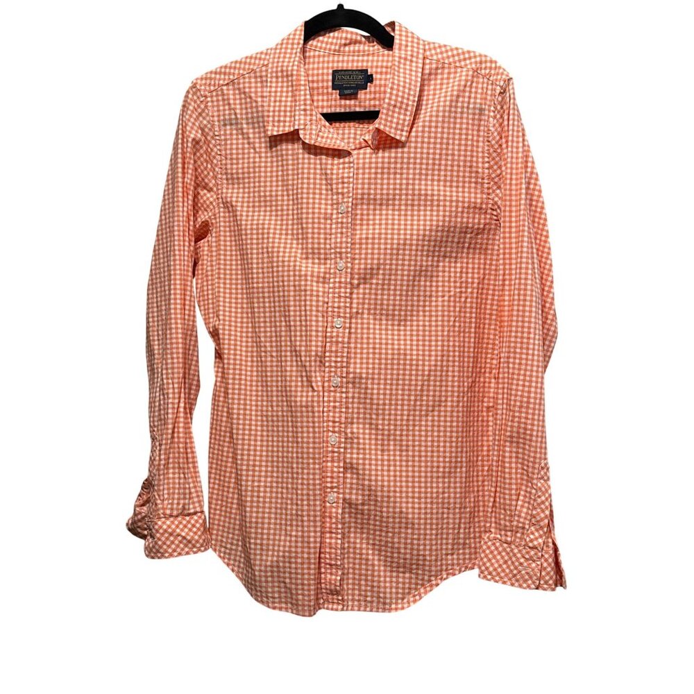 Pendleton Orange & White Gingham Long-Sleeve Button-Up Shirt Womens L  Cotton